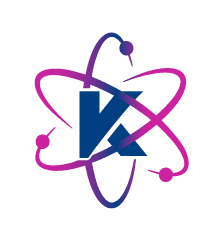 Logo mit stilisierter Atomdarstellung in Blau und Pink, das den Buchstaben "K" integriert.